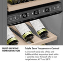 Wine refrigeration infographic, wine on racks. Text: Triple Zone Temperature Control. Conveniently store reds, whites, and bubbles at ideal temperature levels within 3 separate zones that each offer a vast range between between 41°F and 68°F.