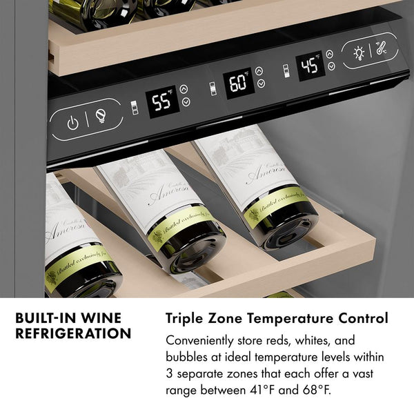 Wine refrigeration infographic, wine on racks. Text: Triple Zone Temperature Control. Conveniently store reds, whites, and bubbles at ideal temperature levels within 3 separate zones that each offer a vast range between between 41°F and 68°F.