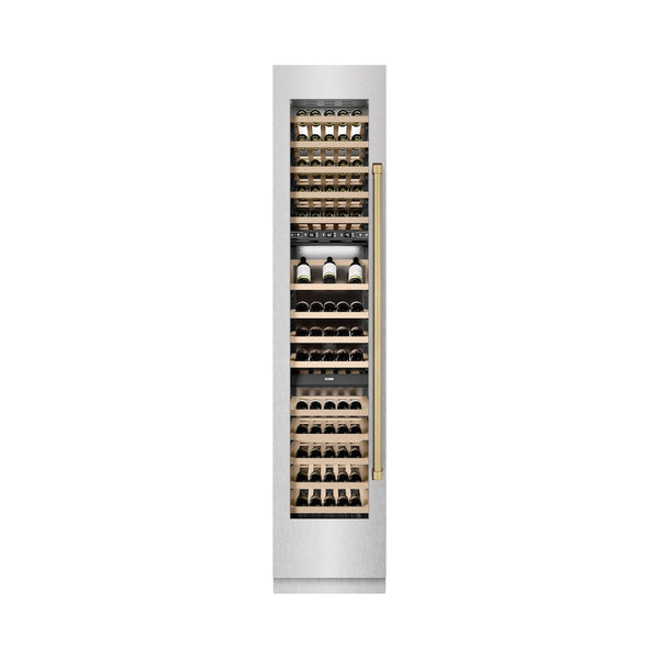 ZLINE Autograph Edition 18 in. 9.0 cu. ft. Triple Zone 68 Bottle Left Hinge Column Wine Cooler in Satin Stainless Steel with Champagne Bronze Accents (RCWVLZ-SN-18-CB) front, closed, with wine on racks.