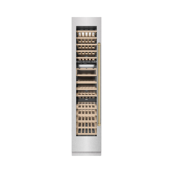 ZLINE Autograph Edition 18 in. 9.0 cu. ft. Triple Zone 68 Bottle Left Hinge Column Wine Cooler in Satin Stainless Steel with Champagne Bronze Accents (RCWVLZ-SN-18-CB) front, closed.