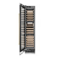 ZLINE Autograph Edition 18 in. 9.0 cu. ft. Triple Zone 68 Bottle Left Hinge Column Wine Cooler in Satin Stainless Steel with Champagne Bronze Accents (RCWVLZ-SN-18-CB) front, open.