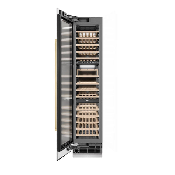 ZLINE Autograph Edition 18 in. 9.0 cu. ft. Triple Zone 68 Bottle Left Hinge Column Wine Cooler in Satin Stainless Steel with Champagne Bronze Accents (RCWVLZ-SN-18-CB) front, open.