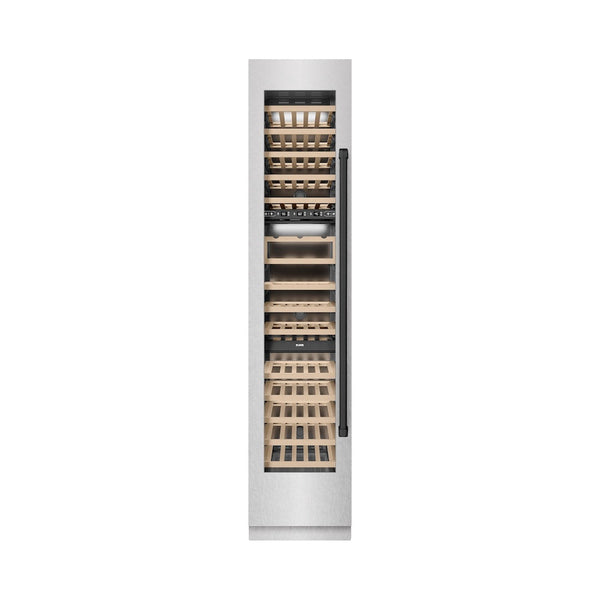 ZLINE Autograph Edition 18 in. 9.0 cu. ft. Triple Zone 68 Bottle Left Hinge Column Wine Cooler in Satin Stainless Steel with Matte Black Accents (RCWVLZ-SN-18-MB) front, closed.