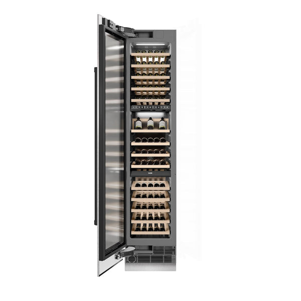 ZLINE Autograph Edition 18 in. 9.0 cu. ft. Triple Zone 68 Bottle Left Hinge Column Wine Cooler in Satin Stainless Steel with Matte Black Accents (RCWVLZ-SN-18-MB) front, open, with wine on racks.