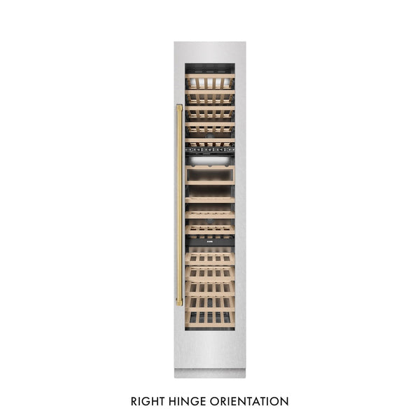 ZLINE Autograph Edition 18 in. 9.0 cu. ft. Triple Zone 68 Bottle Right Hinge Column Wine Cooler in Satin Stainless Steel with Polished Gold Accents (RCWVRZ-SN-18-G) front, closed.