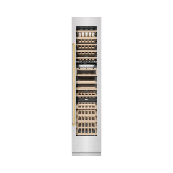 ZLINE Autograph Edition 18 in. 9.0 cu. ft. Triple Zone 68 Bottle Right Hinge Column Wine Cooler in Satin Stainless Steel with Polished Gold Accents (RCWVRZ-SN-18-G) front, closed.