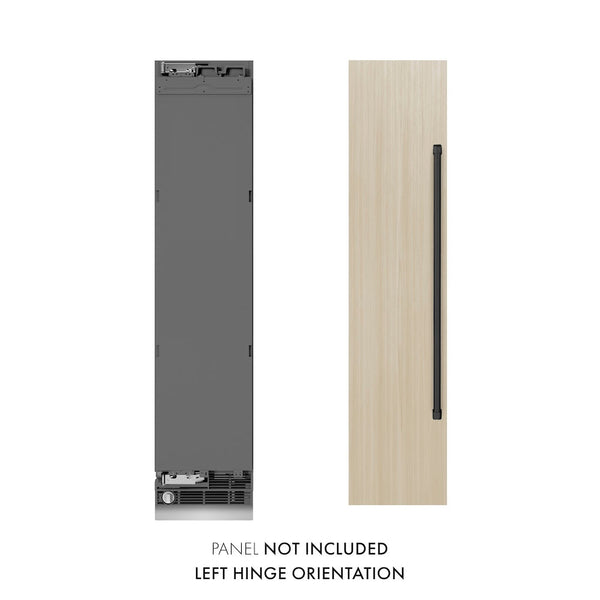 ZLINE Autograph Edition 18 in. 8.6 cu. ft. Panel Ready Left Hinge Column Freezer with Graphite Gray Interior and Matte Black Accents (RBCFVLZ-18-MB) front, next to custom panel and handle. Text: Panel not included. Left hinge orientation.