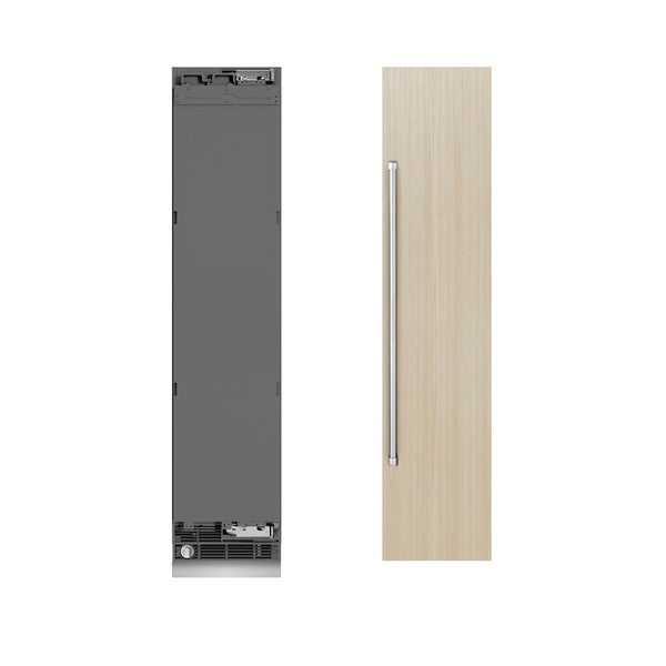 ZLINE 18 in. 8.6 cu. ft. Panel Ready Right Hinge Column Freezer with Graphite Gray Interior (RBCFVR-18) front, next to custom panels and handles.