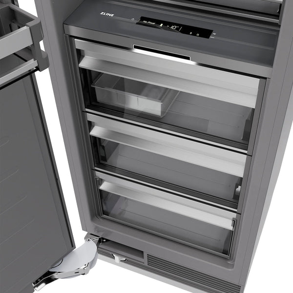 ZLINE Autograph Edition 18 in. 8.6 cu. ft. Panel Ready Right Hinge Column Freezer with Graphite Gray Interior and Polished Gold Accents (RBCFVRZ-18-G) close-up detail, drawers.