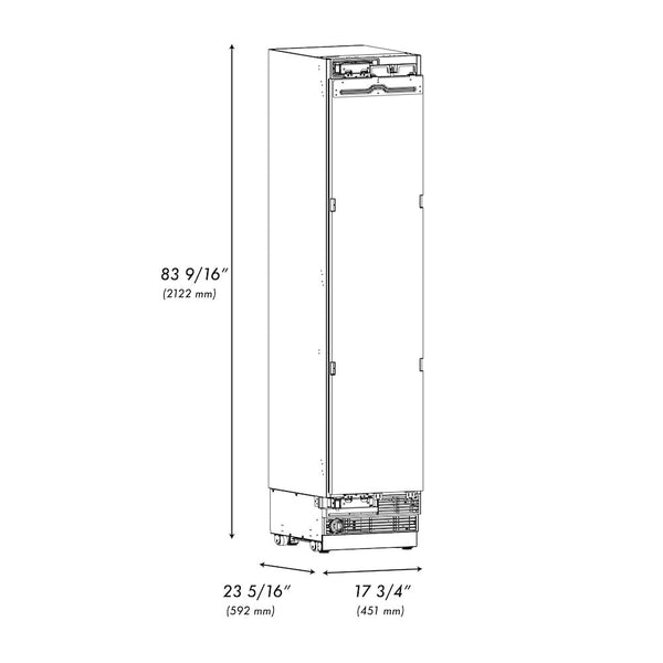 ZLINE Autograph Edition 18 in. 8.6 cu. ft. Panel Ready Right Hinge Column Freezer with Graphite Gray Interior and Matte Black Accents (RBCFVRZ-18-MB) dimensional diagram.