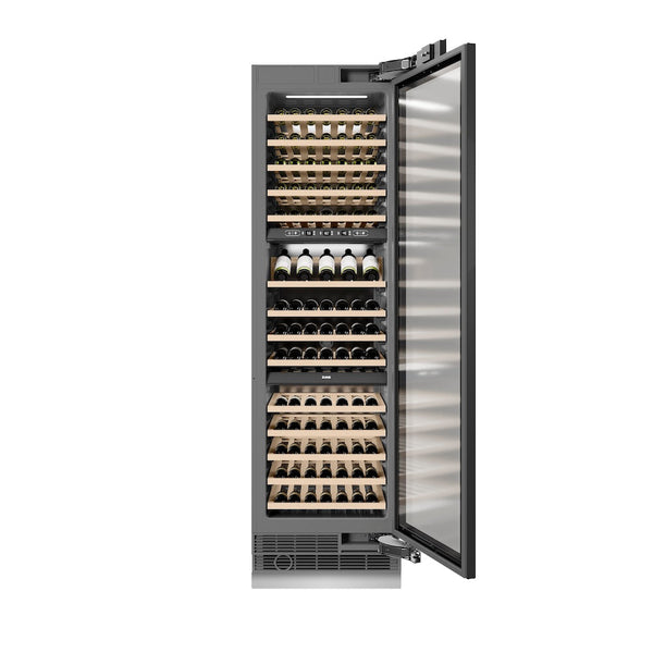 ZLINE 24 in. 12.4 cu. ft. Triple Zone 100 Bottle Panel Ready Column Wine Cooler (RBCWV-24) front, open, with wine on racks.