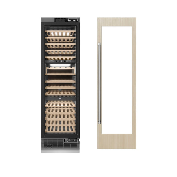 ZLINE 24 in. 12.4 cu. ft. Triple Zone 100 Bottle Panel Ready Column Wine Cooler (RBCWV-24) front, closed, next to custom panel with handle attached.