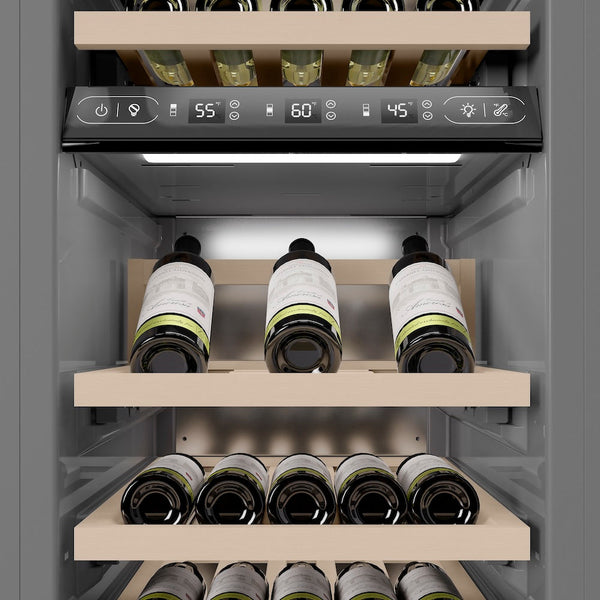 ZLINE 18 in. 9.0 cu. ft. Triple Zone 68 Bottle Panel Ready Left Hinge Column Wine Cooler (RBCWVL-18) close-up detail, wine storage.