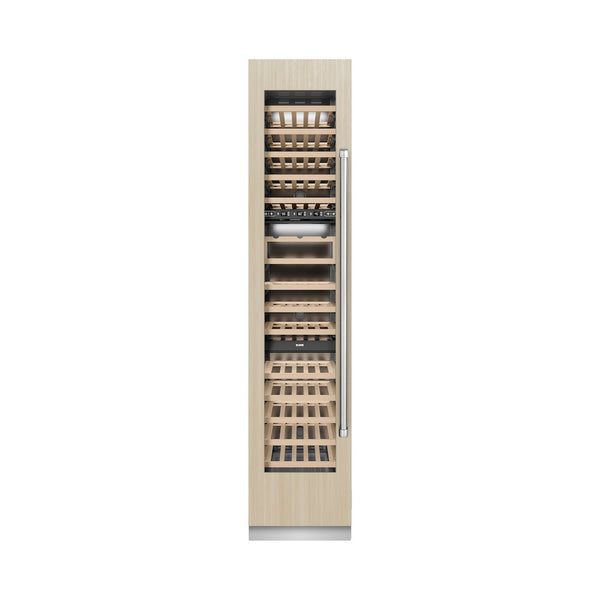 ZLINE 18 in. 9.0 cu. ft. Triple Zone 68 Bottle Panel Ready Left Hinge Column Wine Cooler (RBCWVL-18) front, closed, with custom panel.