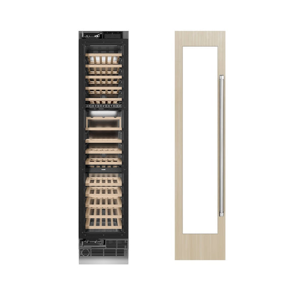 ZLINE 18 in. 9.0 cu. ft. Triple Zone 68 Bottle Panel Ready Left Hinge Column Wine Cooler (RBCWVL-18) front, closed, next to custom panel with handle attached.