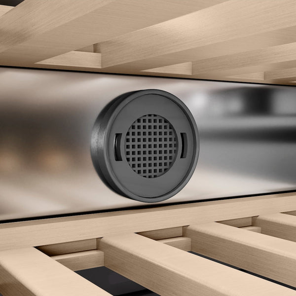 ZLINE Autograph Edition 18 in. 9.0 cu. ft. Triple Zone 68 Bottle Panel Ready Left Hinge Column Wine Cooler with Champagne Bronze Accents (RBCWVLZ-18-CB) close-up detail, carbon filter.