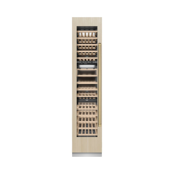 ZLINE Autograph Edition 18 in. 9.0 cu. ft. Triple Zone 68 Bottle Panel Ready Left Hinge Column Wine Cooler with Champagne Bronze Accents (RBCWVLZ-18-CB) front, closed, with custom panel.