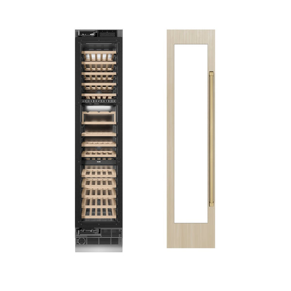 ZLINE Autograph Edition 18 in. 9.0 cu. ft. Triple Zone 68 Bottle Panel Ready Left Hinge Column Wine Cooler with Champagne Bronze Accents (RBCWVLZ-18-CB) front, closed, next to custom panel with handle attached.