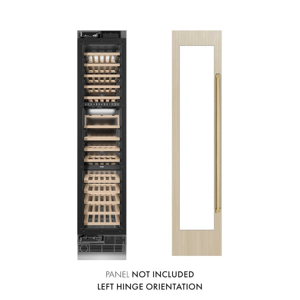ZLINE Autograph Edition 18 in. 9.0 cu. ft. Triple Zone 68 Bottle Panel Ready Left Hinge Column Wine Cooler with Polished Gold Accents (RBCWVLZ-18-G) front, closed, next to custom panel. Text: Panel not included. Left hinge orientation.