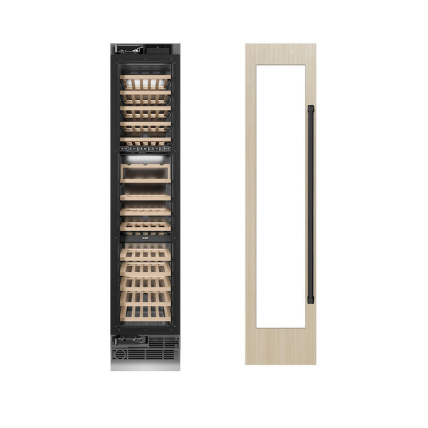 ZLINE Autograph Edition 18 in. 9.0 cu. ft. Triple Zone 68 Bottle Panel Ready Left Hinge Column Wine Cooler with Matte Black Accents (RBCWVLZ-18-MB) front, closed, next to custom panel with handle attached.