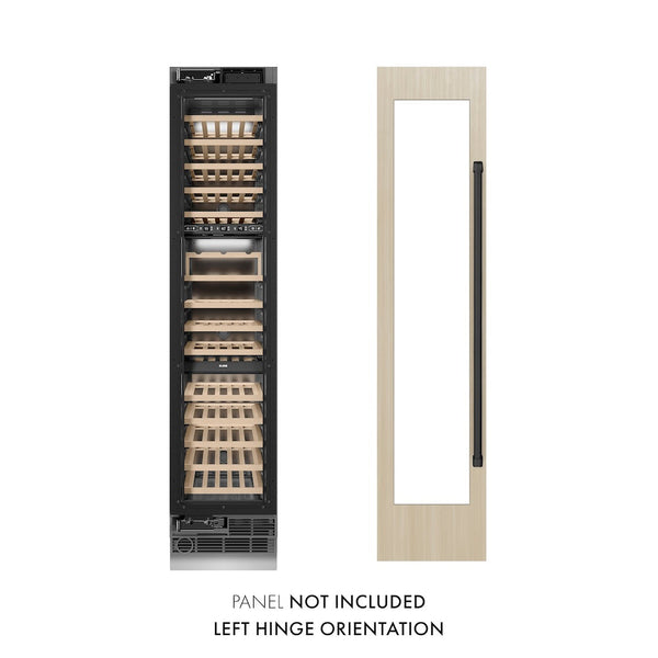 ZLINE Autograph Edition 18 in. 9.0 cu. ft. Triple Zone 68 Bottle Panel Ready Left Hinge Column Wine Cooler with Matte Black Accents (RBCWVLZ-18-MB) front, closed, next to custom panel. Text: Panel not included. Left hinge orientation.