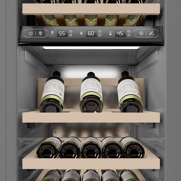 ZLINE 18 in. 9.0 cu. ft. Triple Zone 68 Bottle Panel Ready Right Hinge Column Wine Cooler (RBCWVR-18) close-up detail, wine storage.