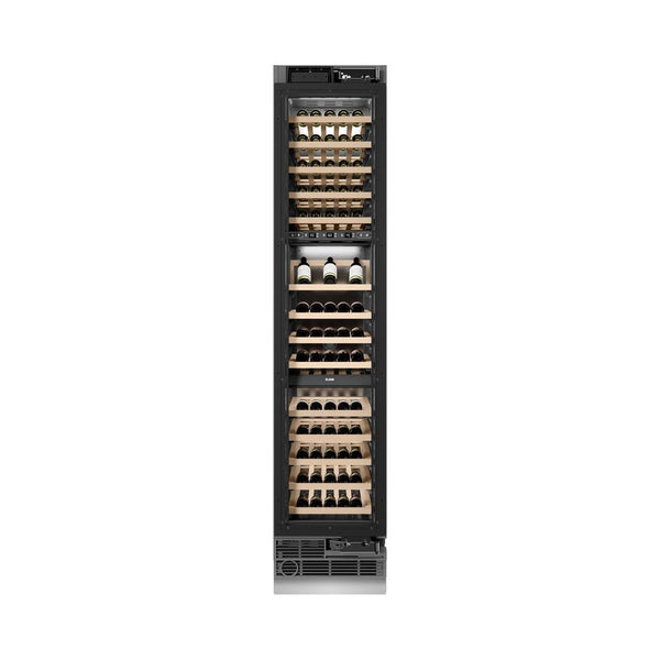 ZLINE 18 in. 9.0 cu. ft. Triple Zone 68 Bottle Panel Ready Right Hinge Column Wine Cooler (RBCWVR-18) front, closed, with wine on racks.