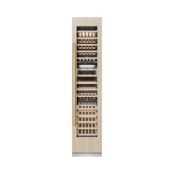 ZLINE Autograph Edition 18 in. 9.0 cu. ft. Triple Zone 68 Bottle Panel Ready Right Hinge Column Wine Cooler with Polished Gold Accents (RBCWVRZ-18-G) front, closed, with custom panel.