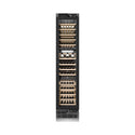 ZLINE Autograph Edition 18 in. 9.0 cu. ft. Triple Zone 68 Bottle Panel Ready Right Hinge Column Wine Cooler with Polished Gold Accents (RBCWVRZ-18-G) front, closed, with wine on racks.