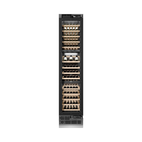 ZLINE Autograph Edition 18 in. 9.0 cu. ft. Triple Zone 68 Bottle Panel Ready Right Hinge Column Wine Cooler with Polished Gold Accents (RBCWVRZ-18-G) front, closed, with wine on racks.