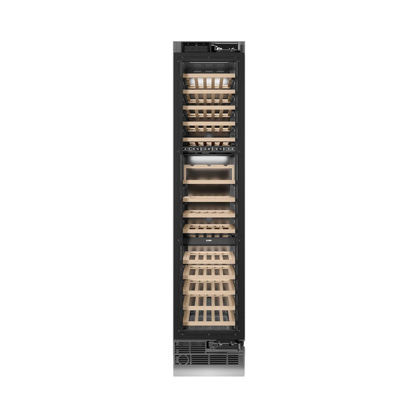 ZLINE Autograph Edition 18 in. 9.0 cu. ft. Triple Zone 68 Bottle Panel Ready Right Hinge Column Wine Cooler with Polished Gold Accents (RBCWVRZ-18-G) front, closed.