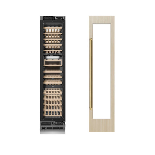 ZLINE Autograph Edition 18 in. 9.0 cu. ft. Triple Zone 68 Bottle Panel Ready Right Hinge Column Wine Cooler with Polished Gold Accents (RBCWVRZ-18-G) front, closed, next to custom panel with handle attached.