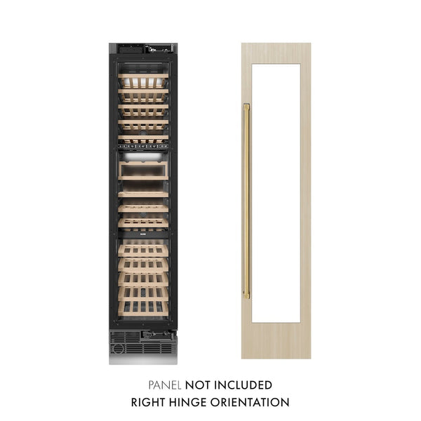 ZLINE Autograph Edition 18 in. 9.0 cu. ft. Triple Zone 68 Bottle Panel Ready Right Hinge Column Wine Cooler with Polished Gold Accents (RBCWVRZ-18-G) front, closed, next to custom panel. Text: Panel not included. Right hinge orientation.