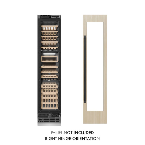 ZLINE Autograph Edition 18 in. 9.0 cu. ft. Triple Zone 68 Bottle Panel Ready Right Hinge Column Wine Cooler with Matte Black Accents (RBCWVRZ-18-MB) front, closed, next to custom panel. Text: Panel not included. Right hinge orientation.