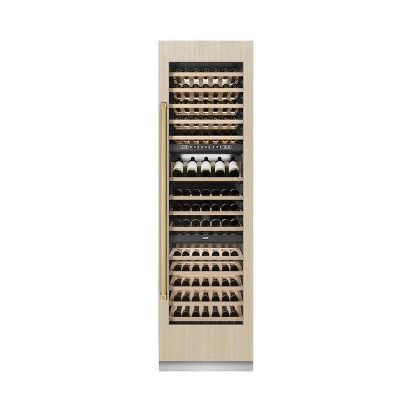 ZLINE Autograph Edition 24 in. 12.4 cu. ft. Triple Zone 100 Bottle Panel Ready Column Wine Cooler with Polished Gold Accents (RBCWVZ-24-G) front, closed, with custom panel.