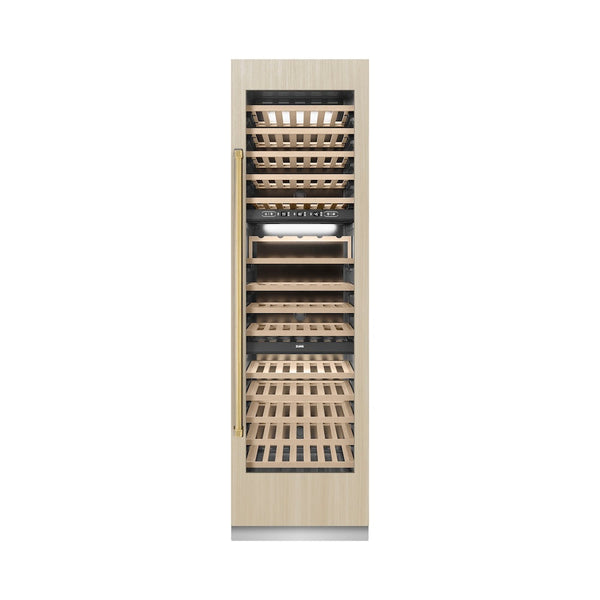 ZLINE Autograph Edition 24 in. 12.4 cu. ft. Triple Zone 100 Bottle Panel Ready Column Wine Cooler with Polished Gold Accents (RBCWVZ-24-G) front, closed, with custom panel.