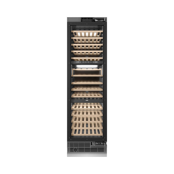 ZLINE Autograph Edition 24 in. 12.4 cu. ft. Triple Zone 100 Bottle Panel Ready Column Wine Cooler with Polished Gold Accents (RBCWVZ-24-G) front, closed.