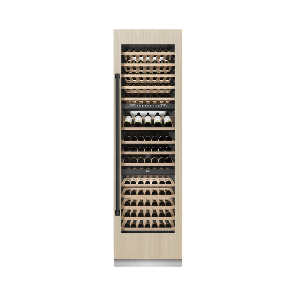 ZLINE Autograph Edition 24 in. 12.4 cu. ft. Triple Zone 100 Bottle Panel Ready Column Wine Cooler with Matte Black Accents (RBCWVZ-24-MB) front, closed, with custom panel.