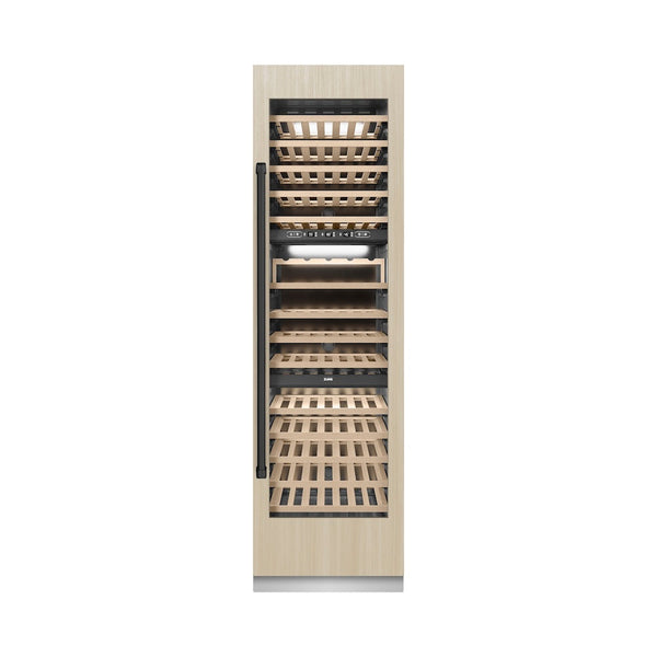 ZLINE Autograph Edition 24 in. 12.4 cu. ft. Triple Zone 100 Bottle Panel Ready Column Wine Cooler with Matte Black Accents (RBCWVZ-24-MB) front, closed, with custom panel.