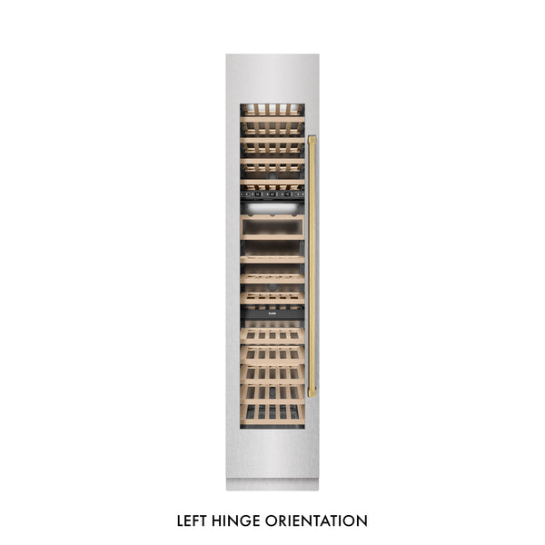 ZLINE Autograph Edition 18 in. 9.0 cu. ft. Triple Zone 68 Bottle Left Hinge Column Wine Cooler in Satin Stainless Steel with Polished Gold Accents (RCWVLZ-SN-18-G)