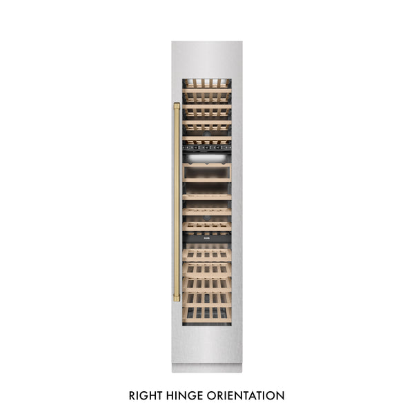 ZLINE Autograph Edition 18 in. 9.0 cu. ft. Triple Zone 68 Bottle Right Hinge Column Wine Cooler in Satin Stainless Steel with Champagne Bronze Accents (RCWVRZ-SN-18-CB)