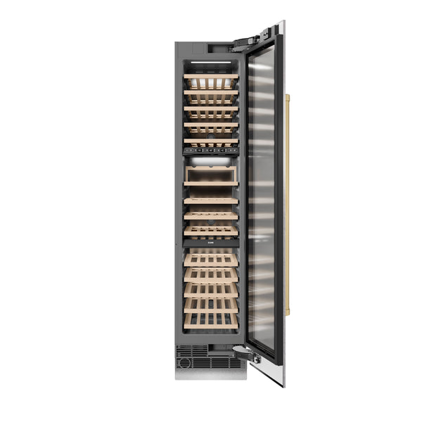 ZLINE Autograph Edition 18 in. 9.0 cu. ft. Triple Zone 68 Bottle Right Hinge Column Wine Cooler in Satin Stainless Steel with Champagne Bronze Accents (RCWVRZ-SN-18-CB)