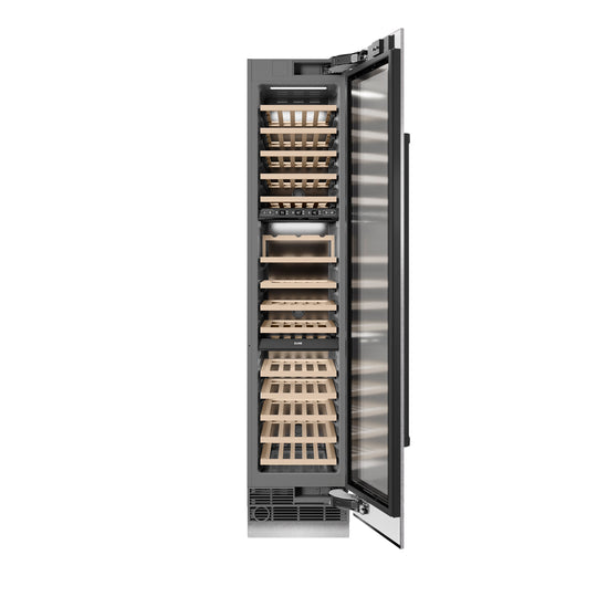 ZLINE Autograph Edition 18 in. 9.0 cu. ft. Triple Zone 68 Bottle Right Hinge Column Wine Cooler in Satin Stainless Steel with Matte Black Accents (RCWVRZ-SN-18-MB)