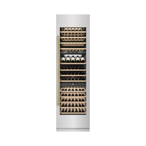 ZLINE Autograph Edition 24 in. 12.4 cu. ft. Triple Zone 100 Bottle Column Wine Cooler in Satin Stainless Steel and Champagne Bronze Accents (RCWVZ-SN-24-CB)