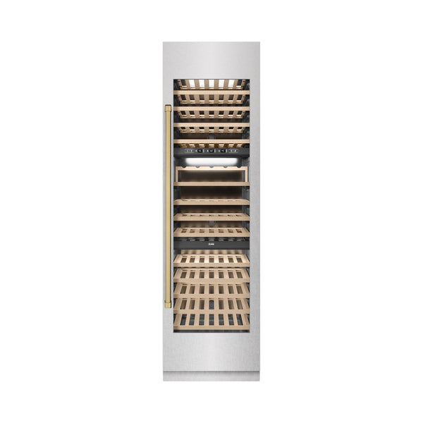 ZLINE Autograph Edition 24 in. 12.4 cu. ft. Triple Zone 100 Bottle Column Wine Cooler in Satin Stainless Steel and Champagne Bronze Accents (RCWVZ-SN-24-CB)