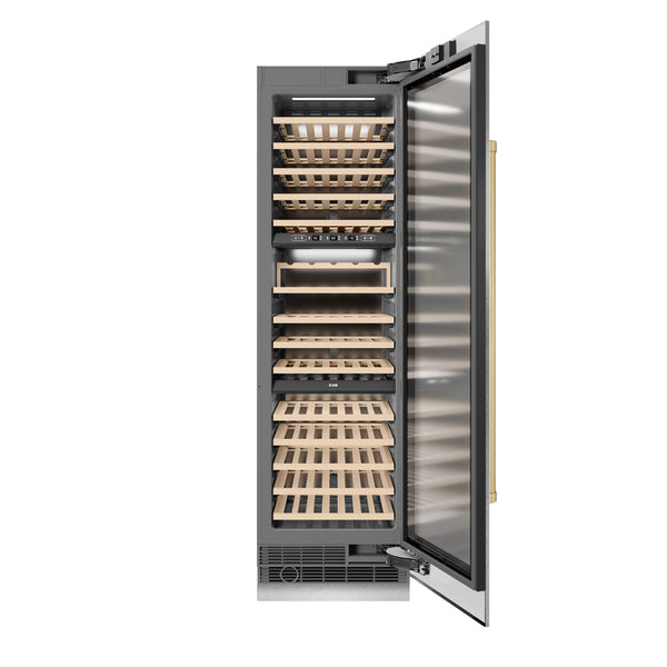 ZLINE Autograph Edition 24 in. 12.4 cu. ft. Triple Zone 100 Bottle Column Wine Cooler in Satin Stainless Steel and Champagne Bronze Accents (RCWVZ-SN-24-CB)
