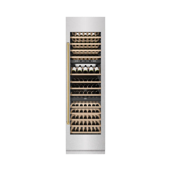 ZLINE Autograph Edition 24 in. 12.4 cu. ft. Triple Zone 100 Bottle Column Wine Cooler in Satin Stainless Steel and Polished Gold Accents (RCWVZ-SN-24-G)