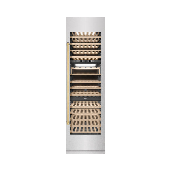 ZLINE Autograph Edition 24 in. 12.4 cu. ft. Triple Zone 100 Bottle Column Wine Cooler in Satin Stainless Steel and Polished Gold Accents (RCWVZ-SN-24-G)