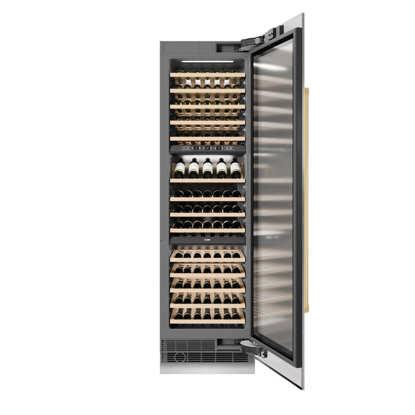 ZLINE Autograph Edition 24 in. 12.4 cu. ft. Triple Zone 100 Bottle Column Wine Cooler in Satin Stainless Steel and Polished Gold Accents (RCWVZ-SN-24-G)