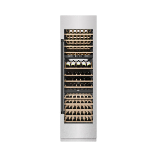 ZLINE Autograph Edition 24 in. 12.4 cu. ft. Triple Zone 100 Bottle Column Wine Cooler in Satin Stainless Steel and Matte Black Accents (RCWVZ-SN-24-MB)